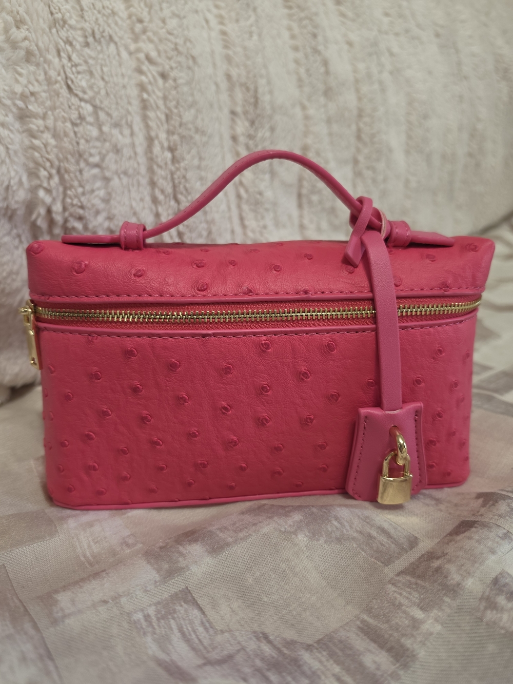 SHEIN Hot Pink Ostrich-Texture Mini Top Handle Bag with Gold Hardware